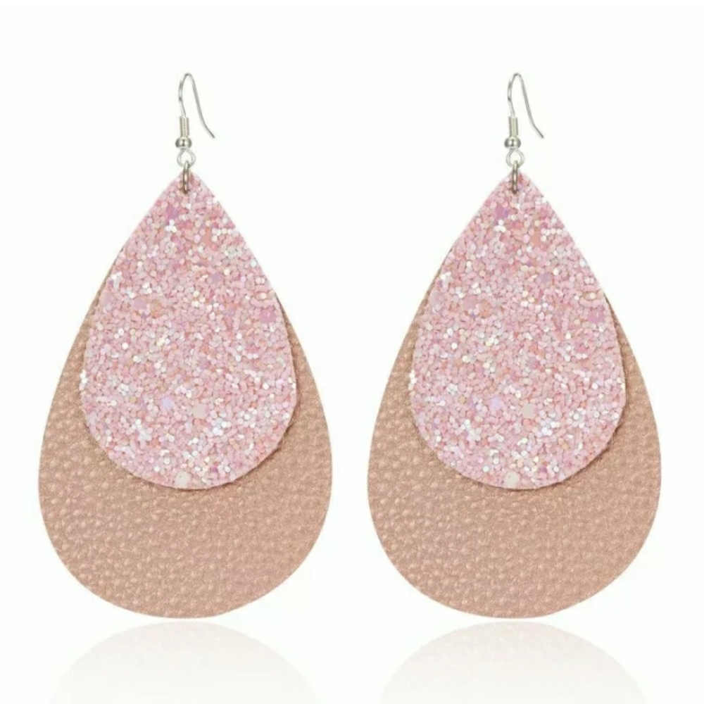 Light pink and cream sparkles and leather earrings